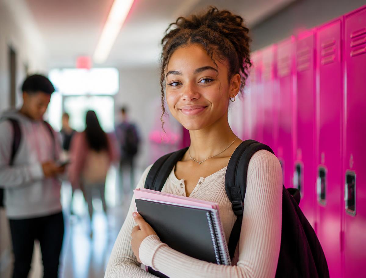 A smiling high school student holding books, hopeful about the future